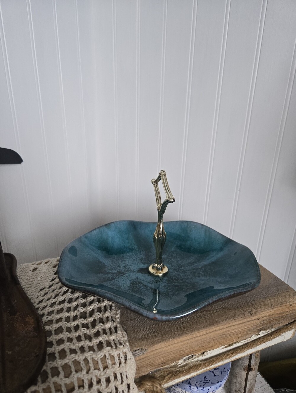 Vintage Blue Mountain Pottery Teal Drip Glaze Handled Tidbit Tray - Picture 2 of 7